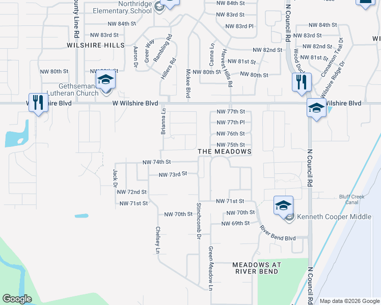 map of restaurants, bars, coffee shops, grocery stores, and more near 8516 Northwest 74th Street in Oklahoma City