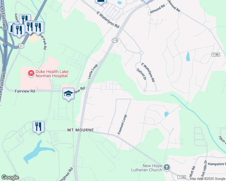 map of restaurants, bars, coffee shops, grocery stores, and more near 128 Locomotive Lane in Mooresville