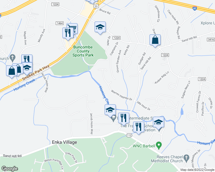 map of restaurants, bars, coffee shops, grocery stores, and more near 118 Warren Haynes Drive in Asheville