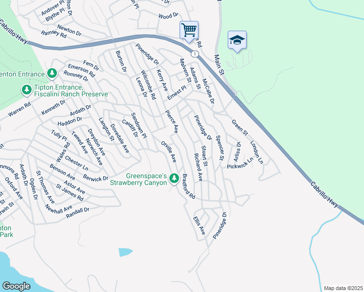 map of restaurants, bars, coffee shops, grocery stores, and more near Pierce Avenue in Cambria