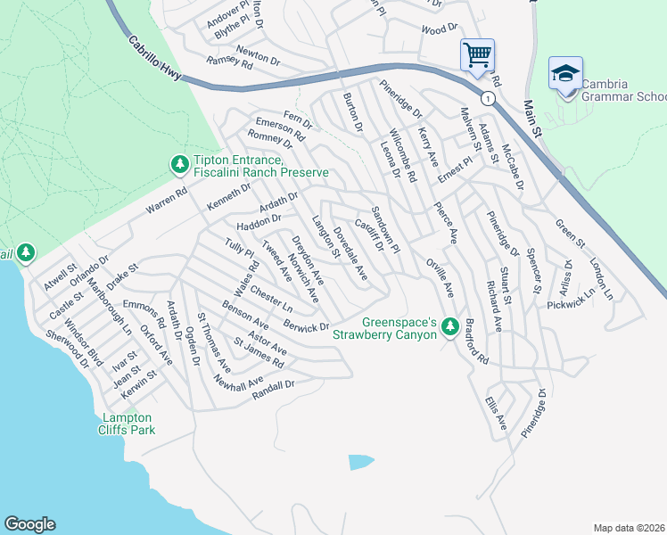 map of restaurants, bars, coffee shops, grocery stores, and more near 1825 Langton Street in Cambria