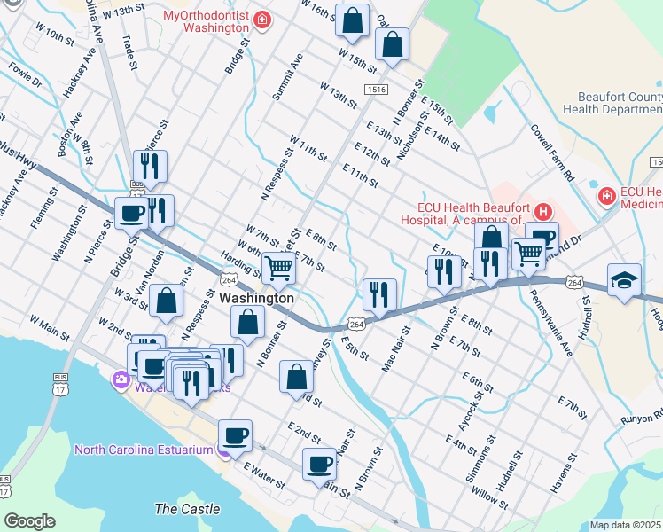 map of restaurants, bars, coffee shops, grocery stores, and more near 125 East 8th Street in Washington