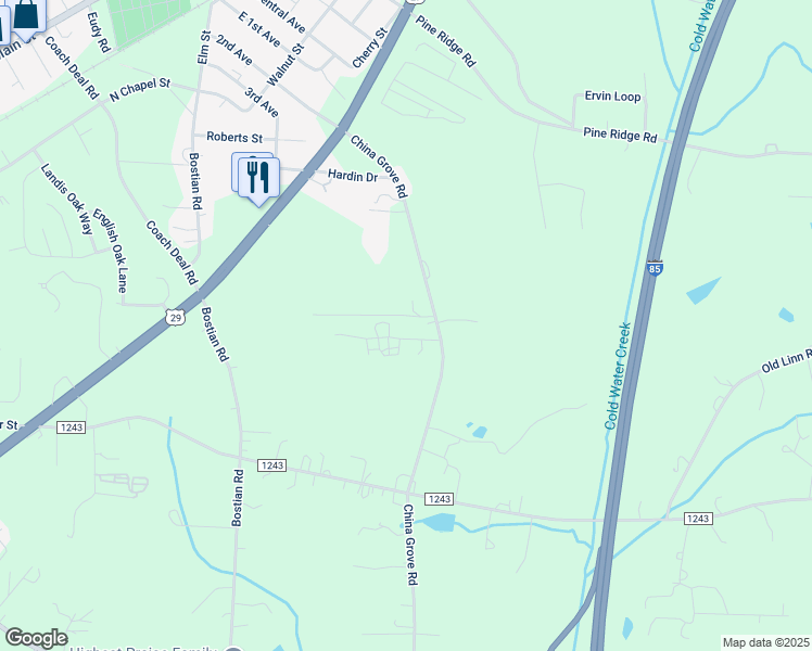 map of restaurants, bars, coffee shops, grocery stores, and more near China Grove Road in China Grove