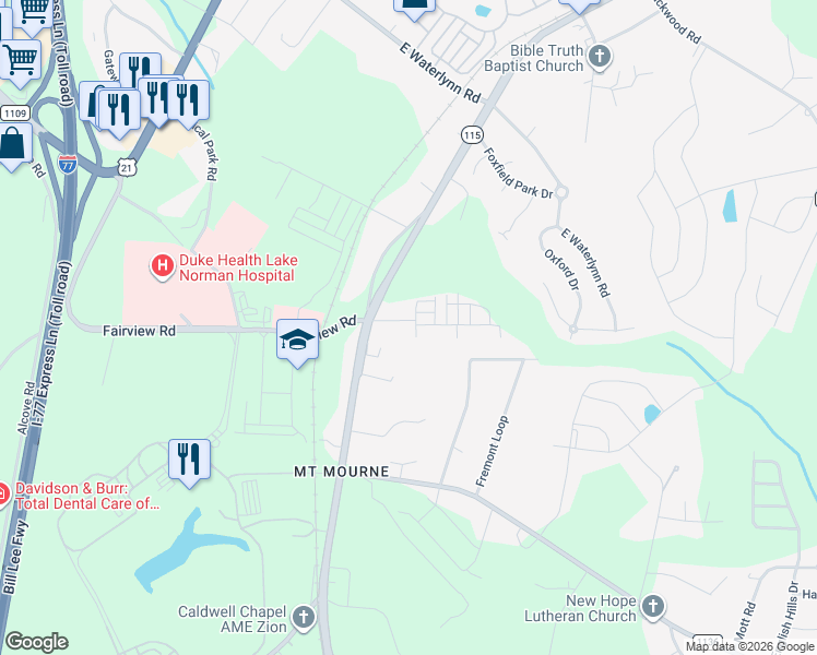 map of restaurants, bars, coffee shops, grocery stores, and more near 118 Steam Engine Drive in Mooresville
