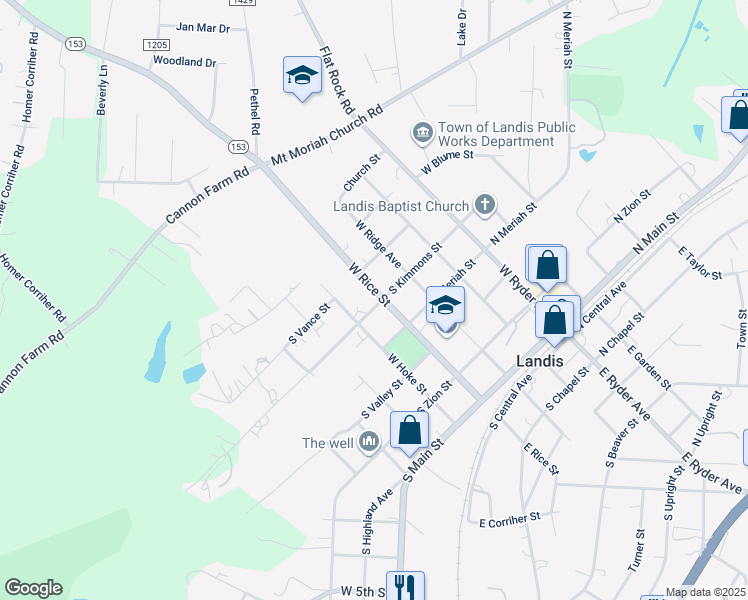 map of restaurants, bars, coffee shops, grocery stores, and more near 503 West Rice Street in Landis