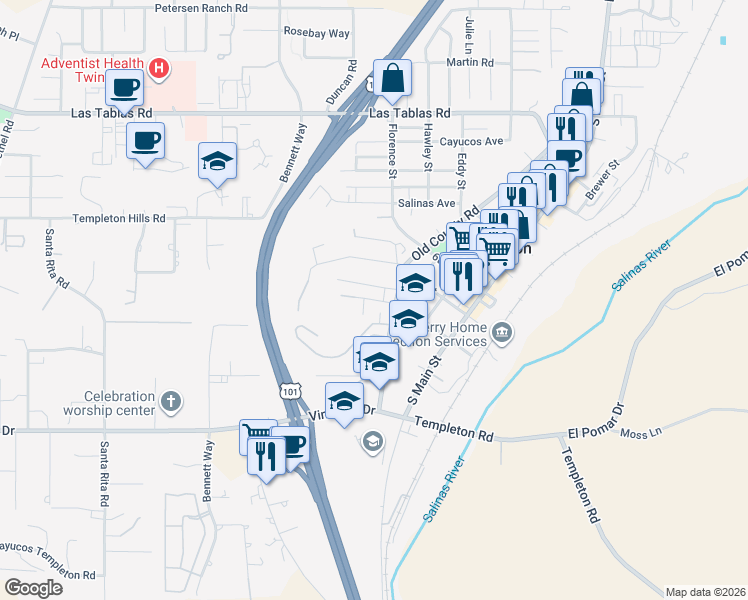 map of restaurants, bars, coffee shops, grocery stores, and more near 320 Willhoit Lane in Templeton