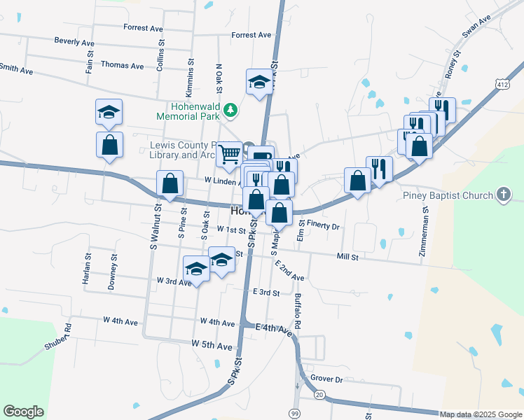 map of restaurants, bars, coffee shops, grocery stores, and more near 28 East Main Street in Hohenwald