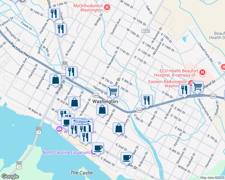 map of restaurants, bars, coffee shops, grocery stores, and more near 100 West 6th Street in Washington