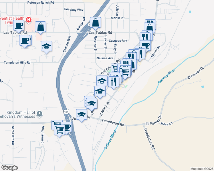 map of restaurants, bars, coffee shops, grocery stores, and more near 608 Crocker Street in Templeton