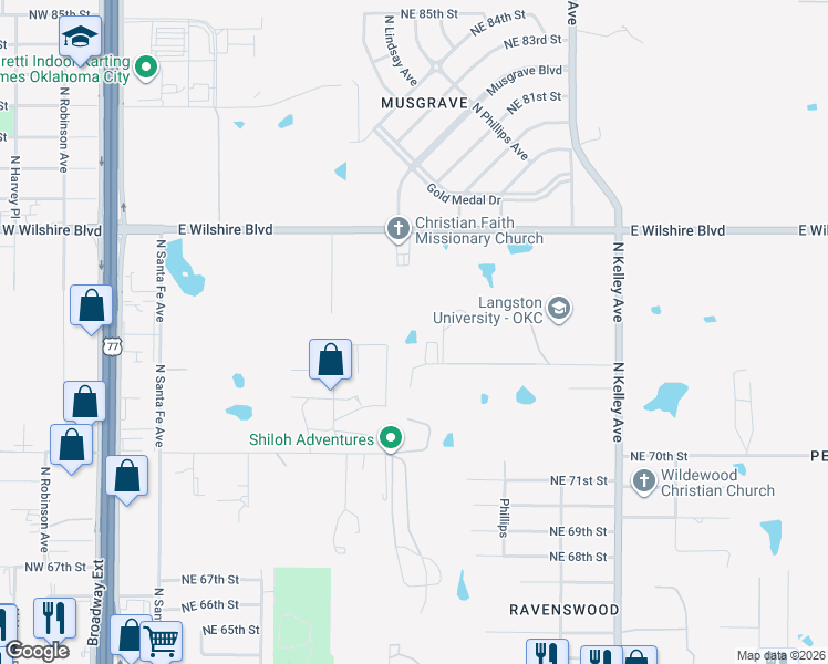 map of restaurants, bars, coffee shops, grocery stores, and more near 601 Northeast 73rd Street in Oklahoma City