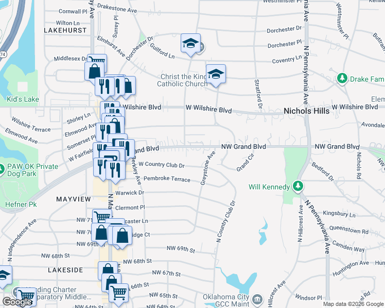 map of restaurants, bars, coffee shops, grocery stores, and more near 2550 Northwest Grand Boulevard in Oklahoma City