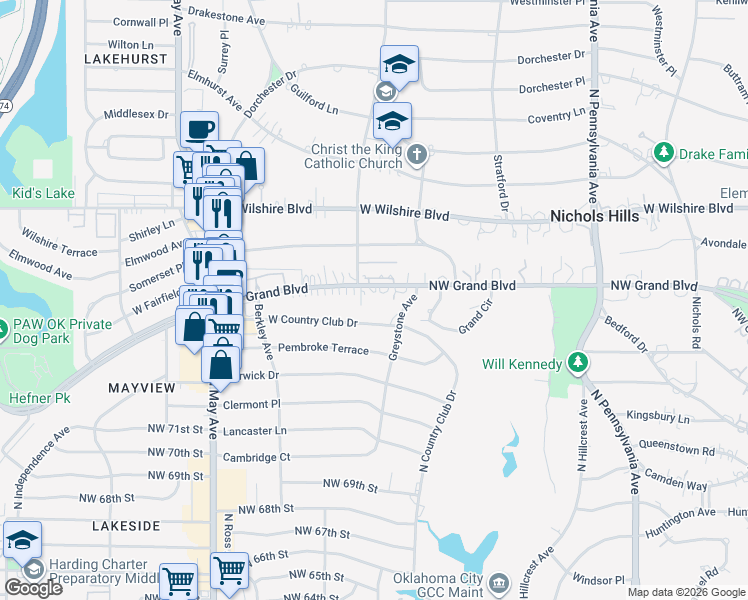 map of restaurants, bars, coffee shops, grocery stores, and more near 2550 Northwest Grand Boulevard in Oklahoma City