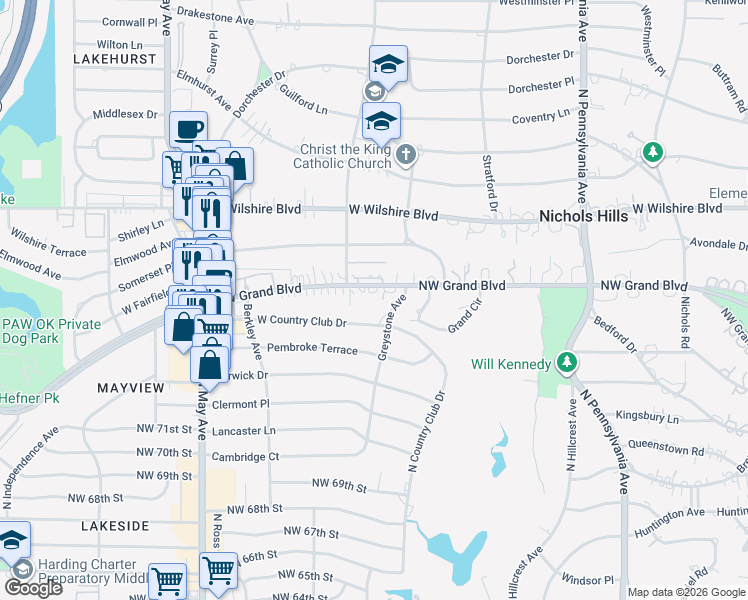 map of restaurants, bars, coffee shops, grocery stores, and more near 2550 Northwest Grand Boulevard in Oklahoma City