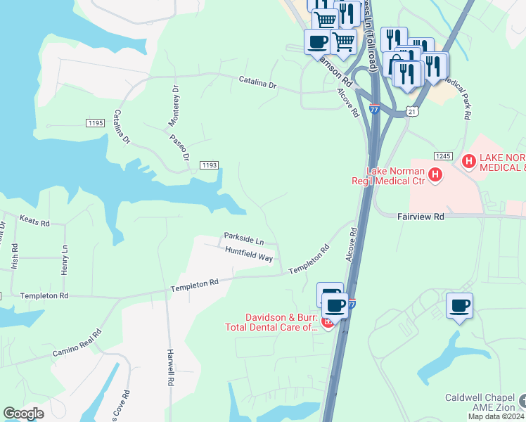 map of restaurants, bars, coffee shops, grocery stores, and more near Templeton Bay Drive in Mooresville