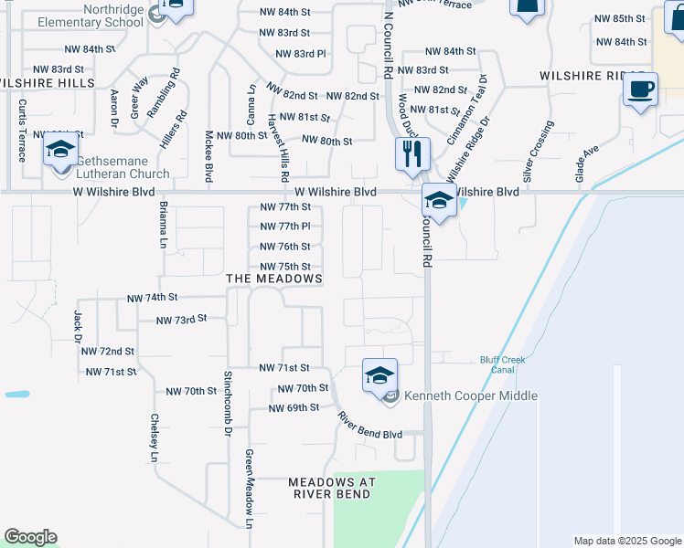 map of restaurants, bars, coffee shops, grocery stores, and more near 7716 Lipizzan Road in Oklahoma City