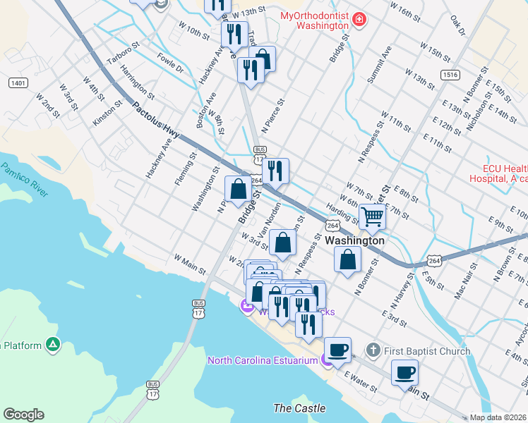 map of restaurants, bars, coffee shops, grocery stores, and more near 421 Bridge Street in Washington