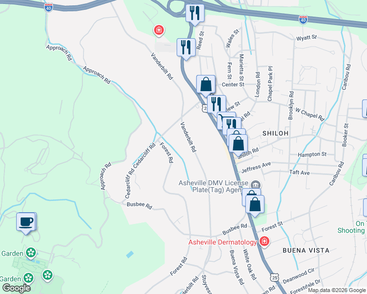 map of restaurants, bars, coffee shops, grocery stores, and more near 319 Vanderbilt Road in Biltmore Forest