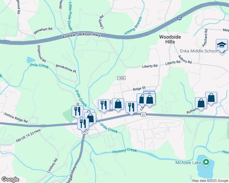 map of restaurants, bars, coffee shops, grocery stores, and more near 155 Maple Ridge Road in Candler