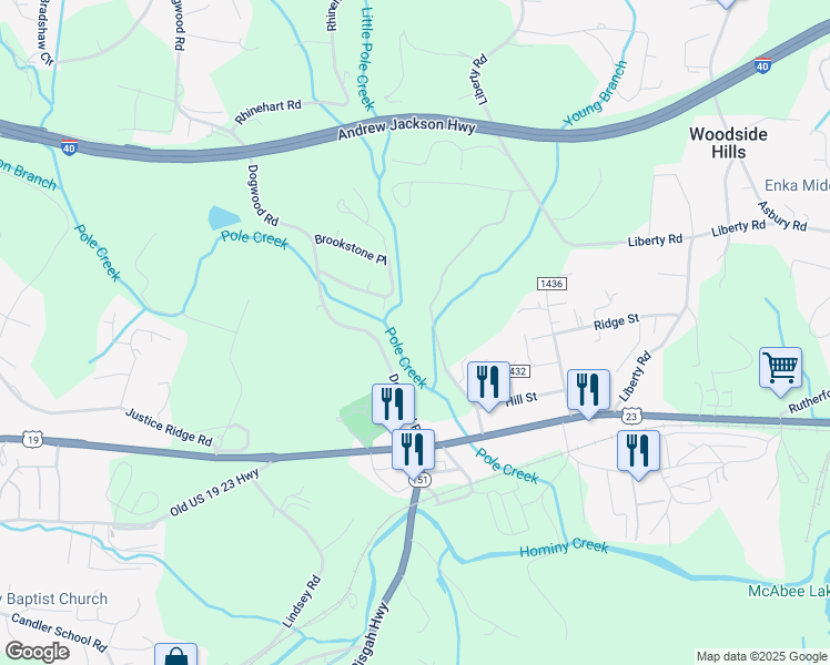 map of restaurants, bars, coffee shops, grocery stores, and more near 60 Westfield Way in Candler