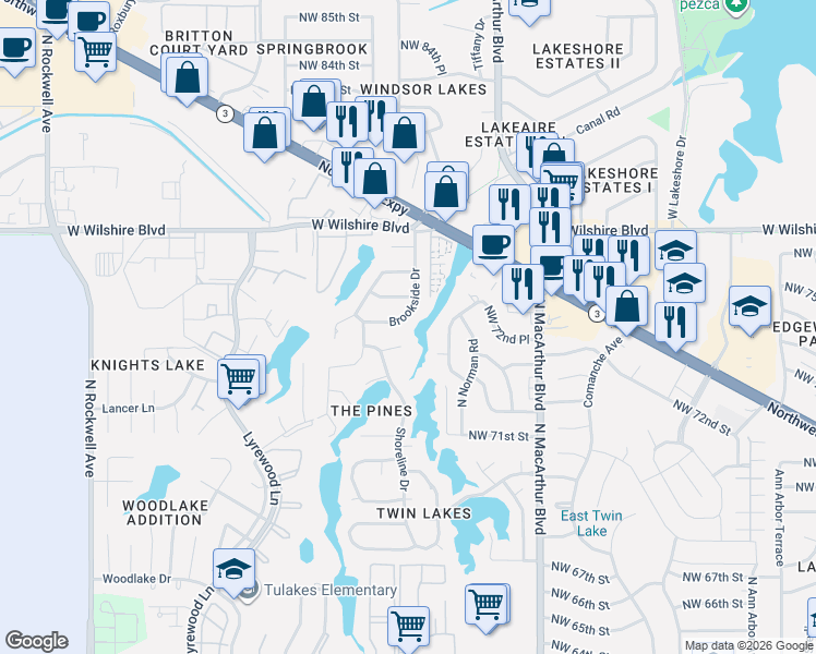 map of restaurants, bars, coffee shops, grocery stores, and more near 7505 Brookside Drive in Oklahoma City