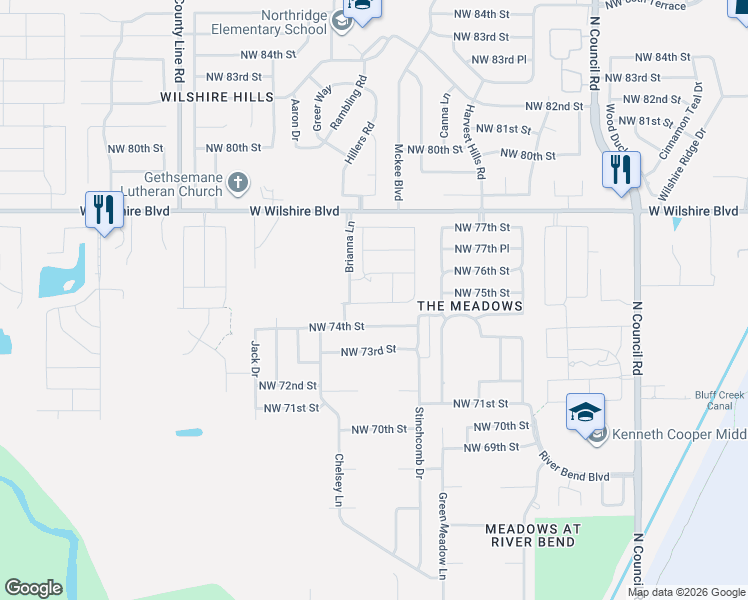 map of restaurants, bars, coffee shops, grocery stores, and more near 8517-8601 Northwest 74th Street in Oklahoma City