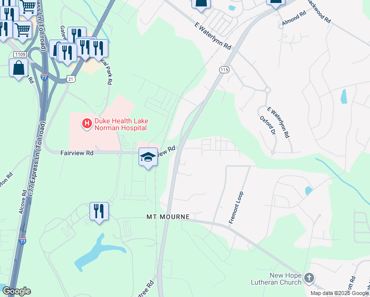 map of restaurants, bars, coffee shops, grocery stores, and more near 115 Steam Engine Drive in Mooresville