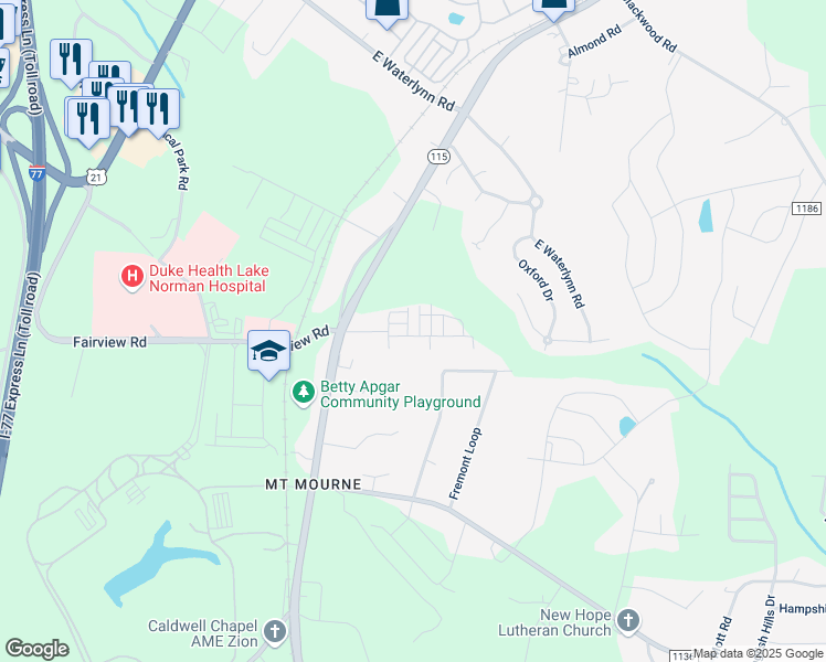 map of restaurants, bars, coffee shops, grocery stores, and more near 102 Pullman Lane in Mooresville