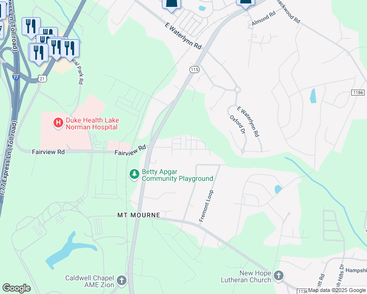 map of restaurants, bars, coffee shops, grocery stores, and more near 115 Steam Engine Drive in Mooresville