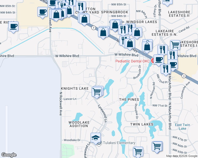 map of restaurants, bars, coffee shops, grocery stores, and more near 7520 Lyrewood Lane in Oklahoma City