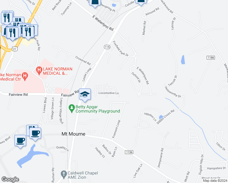 map of restaurants, bars, coffee shops, grocery stores, and more near 135 Locomotive Lane in Mooresville