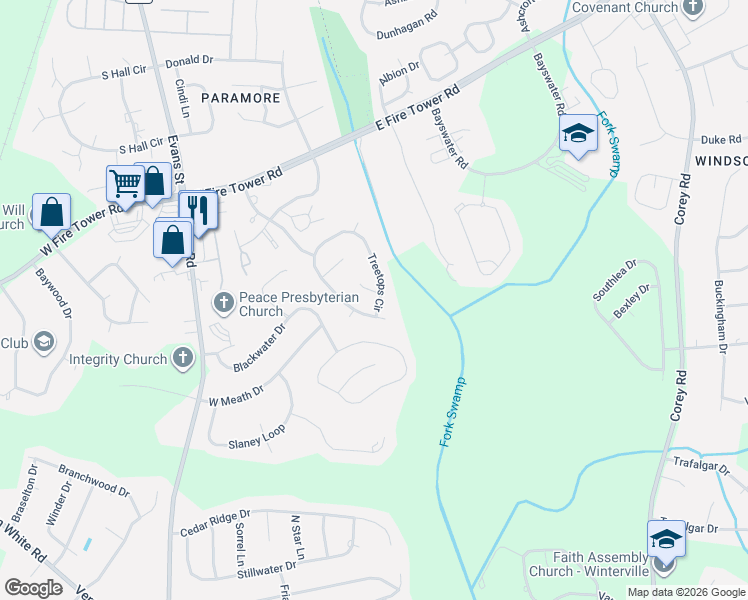 map of restaurants, bars, coffee shops, grocery stores, and more near 4101 Treetops Circle in Winterville