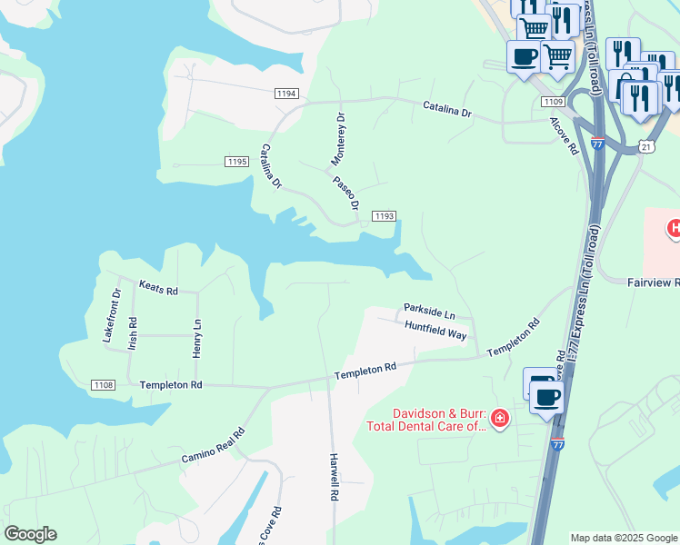 map of restaurants, bars, coffee shops, grocery stores, and more near 178 Quail Ridge Drive in Mooresville