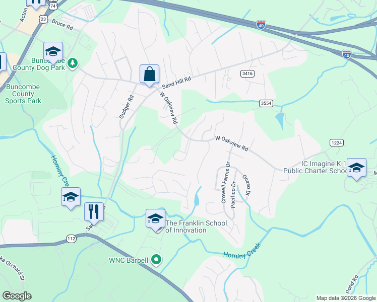 map of restaurants, bars, coffee shops, grocery stores, and more near 13 Ashe Park Circle in Asheville