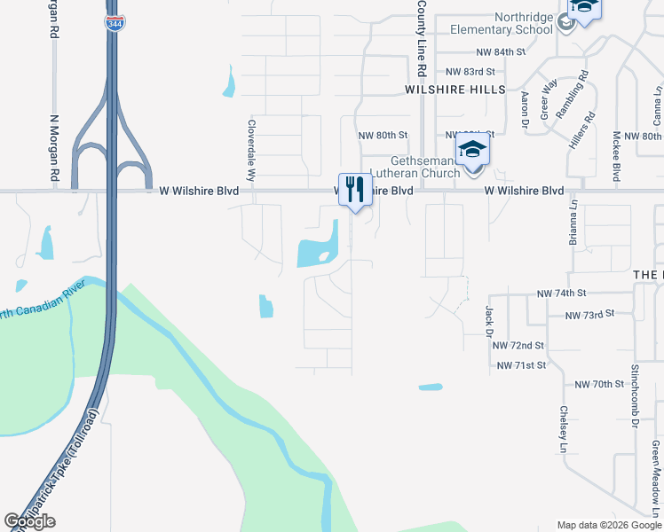 map of restaurants, bars, coffee shops, grocery stores, and more near 9213 Northwest 75th Street in Yukon