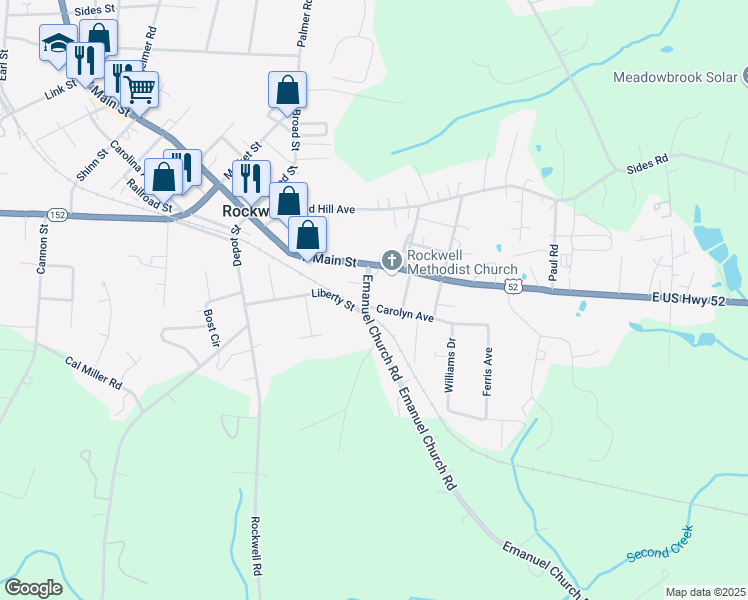 map of restaurants, bars, coffee shops, grocery stores, and more near 117 Emanuel Church Road in Rockwell