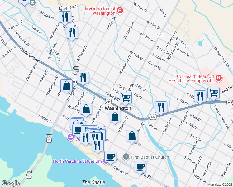 map of restaurants, bars, coffee shops, grocery stores, and more near 100-198 W 6th St in Washington