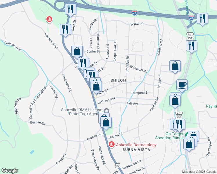 map of restaurants, bars, coffee shops, grocery stores, and more near 74 Shiloh Road in Asheville