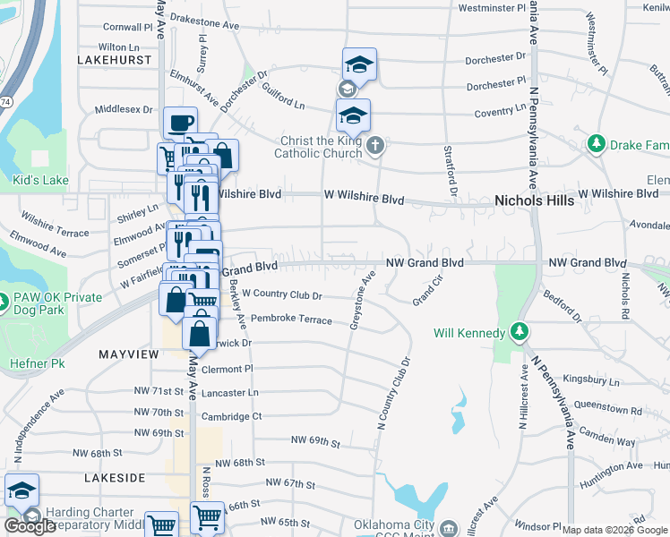 map of restaurants, bars, coffee shops, grocery stores, and more near 2550 Northwest Grand Boulevard in Oklahoma City