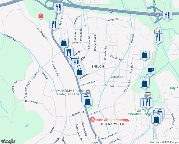 map of restaurants, bars, coffee shops, grocery stores, and more near 74 Shiloh Road in Asheville