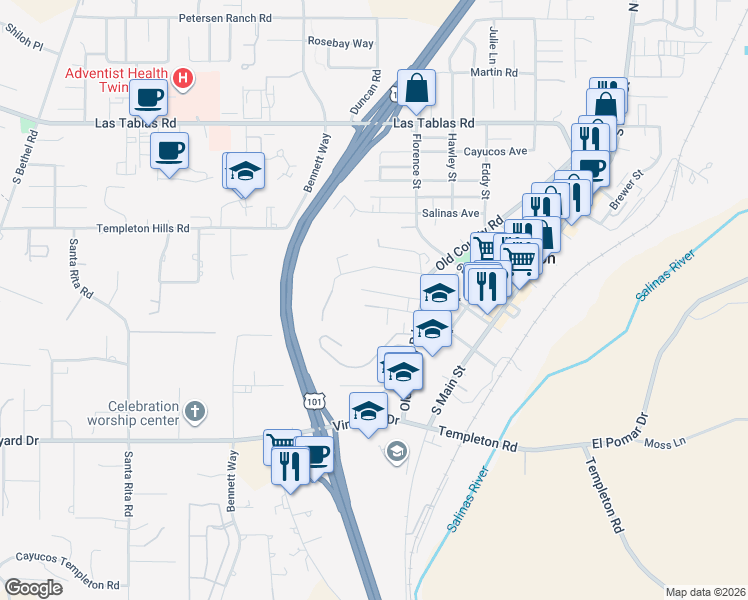 map of restaurants, bars, coffee shops, grocery stores, and more near 352 Willhoit Lane in Templeton