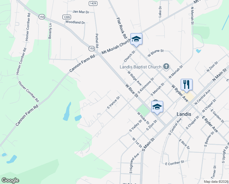 map of restaurants, bars, coffee shops, grocery stores, and more near 609 West Hoke Street in Landis