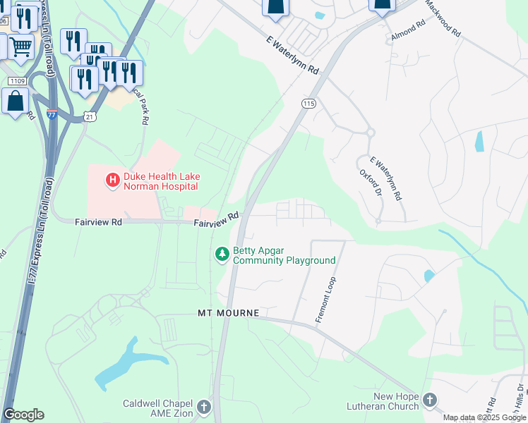 map of restaurants, bars, coffee shops, grocery stores, and more near 113 Steam Engine Drive in Mooresville