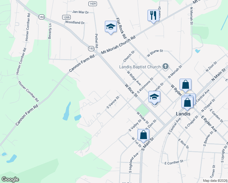 map of restaurants, bars, coffee shops, grocery stores, and more near 609 West Hoke Street in Landis