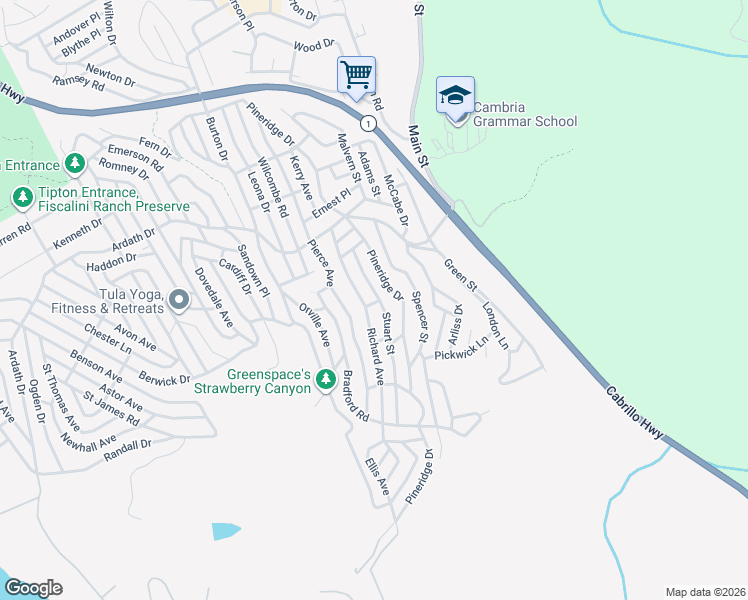 map of restaurants, bars, coffee shops, grocery stores, and more near 1815 Stuart Street in Cambria