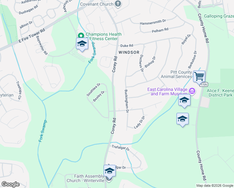 map of restaurants, bars, coffee shops, grocery stores, and more near 4431 Corey Road in Winterville