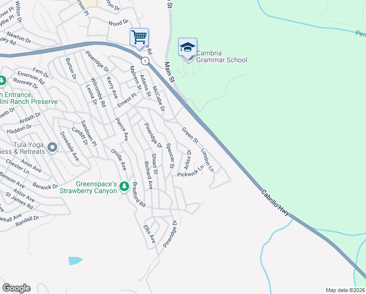 map of restaurants, bars, coffee shops, grocery stores, and more near 1925 Arliss Drive in Cambria
