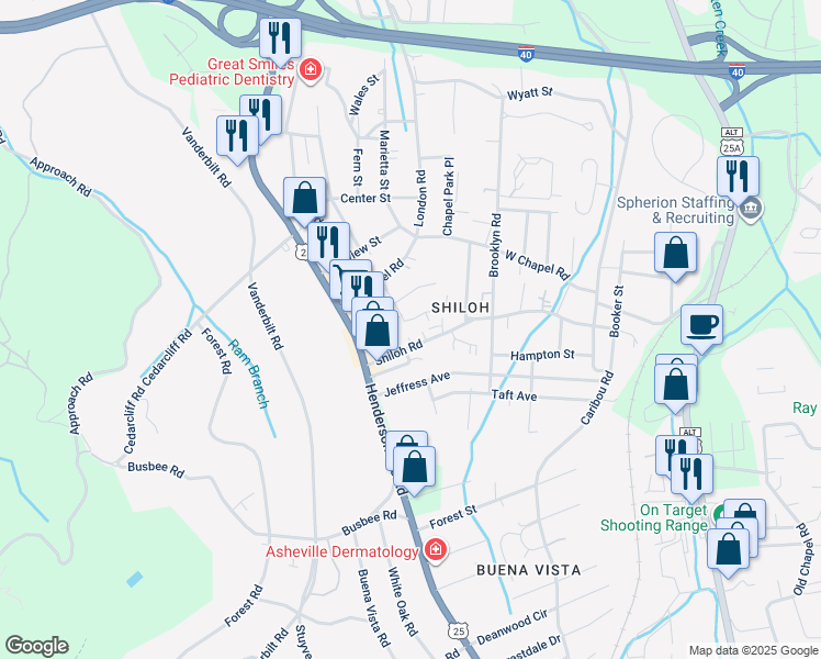 map of restaurants, bars, coffee shops, grocery stores, and more near 1 Marigold Street in Asheville
