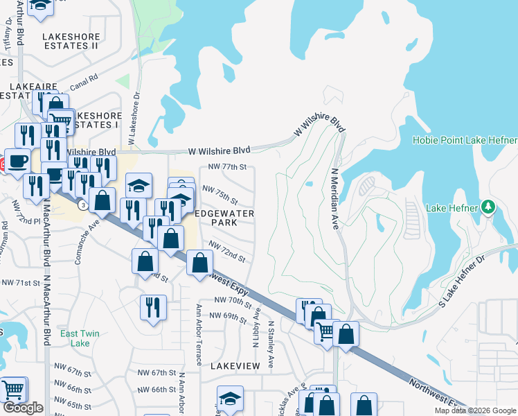 map of restaurants, bars, coffee shops, grocery stores, and more near 7601 Rumsey Road in Oklahoma City