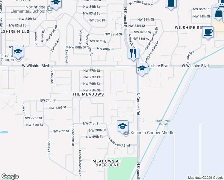 map of restaurants, bars, coffee shops, grocery stores, and more near 7608 Leichter Avenue in Oklahoma City