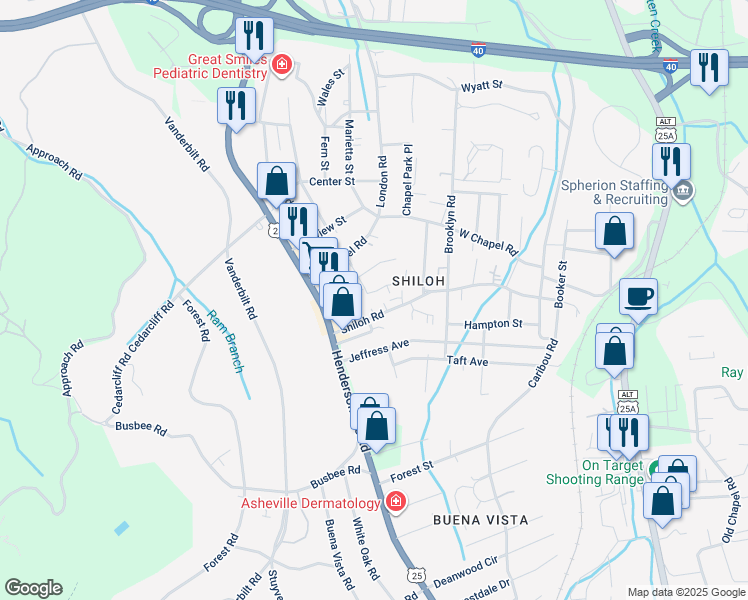 map of restaurants, bars, coffee shops, grocery stores, and more near 1 Marigold Street in Asheville